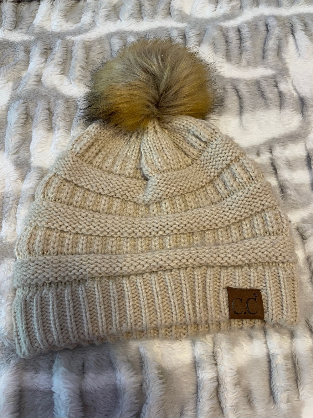 C.C Beige Knit Pom Pom Beanie